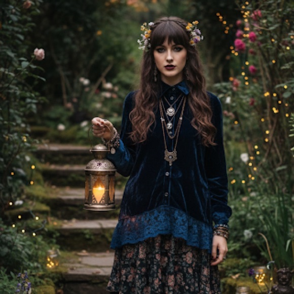 Gypsy Junkies Tops - RARE Gypsy Junkies Velvet & Lace Whimsygoth Embroidered Boho Button Up Top S/M